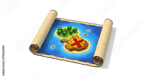 An old rolled-out treasure map showing a small island with trees and a larger island marked with a red X for buried treasure.