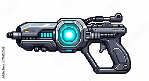 Detailed pixel art illustration of a futuristic sci-fi energy blaster weapon with glowing blue accents.