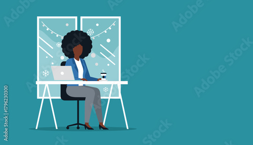 Working woman with laptop and coffee cup during winter holidays