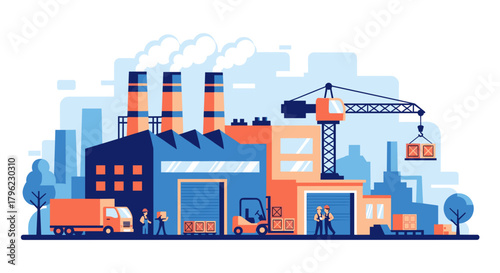 Logistics and production at a modern industrial factory with workers forklift and crane