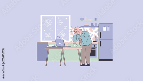 Elderly man overwhelmed by remote work stress experiencing a painful headache while using a laptop at home