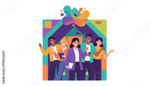 Team of diverse professionals pointing symbolizing creativity teamwork and connection