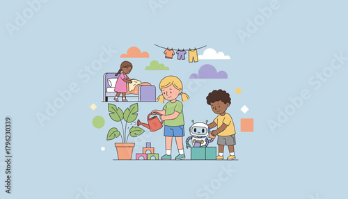 Children learning responsibility by doing chores assisted by a friendly robot