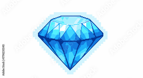 A pixel art illustration of a sparkling blue diamond gem, rendered with a distinct pixelated style and bright facets.