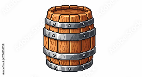 Detailed pixel art illustration of a classic wooden barrel with metal bands, often used for storage or as a game asset.