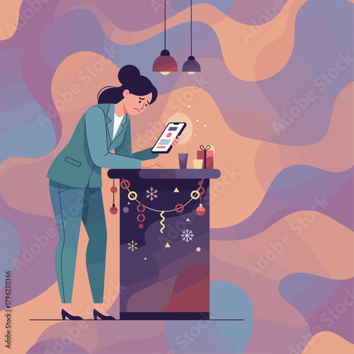 Isolated businesswoman checking bad news on her phone at a lonely holiday party