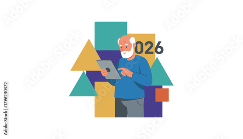 Senior man using a tablet with geometric shapes and 2026 Retirement future planning and digital life