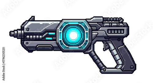Pixel art illustration of a futuristic energy pistol with glowing blue core and sleek design.