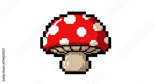 Pixel art red mushroom with white spots and light brown stem on a white background.