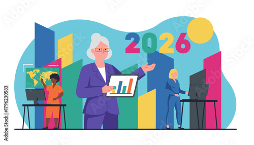 Diverse business team analyzing 2026 goals strategy and corporate success illustration