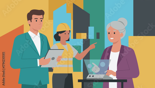 Professional team discusses construction plans with a client using future tech