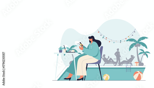 Professional working remotely poolside using technology for digital nomad lifestyle and travel