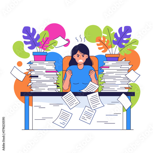 Angry employee dealing with immense paperwork overload and professional burnout in the office