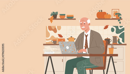 Overworked senior businessman stressed using a laptop in his cozy autumn kitchen home office