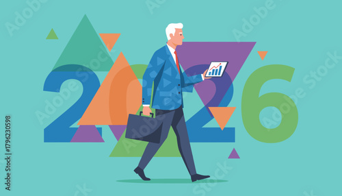 Business success for 2026 Professional man holds tablet showing growth data