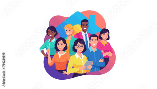 Diverse real estate team under a house symbol Confidence service and brokerage