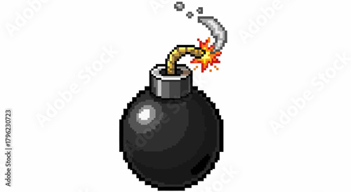 Pixel art cartoon bomb with a lit fuse and smoke rising from the burning wick.
