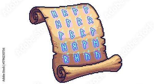 An ancient parchment scroll with glowing blue runic symbols, evoking magic and fantasy themes.