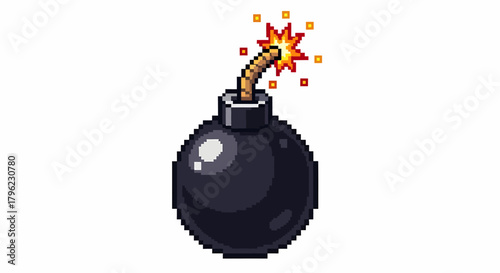 Pixel art bomb with a lit fuse, ready to explode, on a white background.