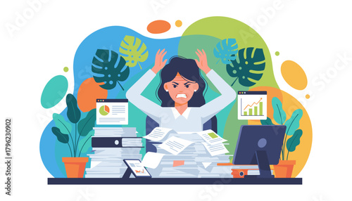 Overwhelmed employee drowning in paperwork and data feeling intense work stress and burnout