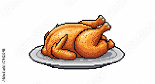 Pixel art illustration of a golden brown whole roasted chicken served on a white plate, ready to eat.