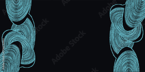 Symmetrical abstract design featuring two columns of intricate, swirling cyan lines on a solid black background.