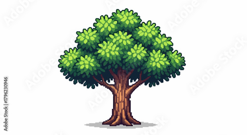 Detailed pixel art illustration of a vibrant green tree with a sturdy brown trunk.