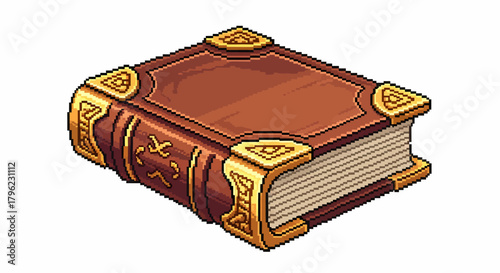 An isometric pixel art illustration of an ancient brown book with ornate gold corner protectors and spine details, resting on a white background.