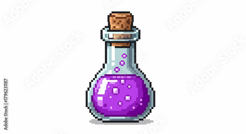 A pixel art illustration of a glass bottle filled with bubbling purple liquid, sealed with a cork, on a white background.