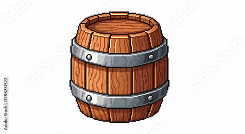 Detailed pixel art illustration of a wooden barrel with two metal bands, isolated on a white background, perfect for game assets or graphic design.