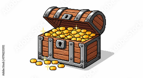 A detailed illustration of an open wooden treasure chest overflowing with sparkling gold coins, with some coins scattered on the ground.