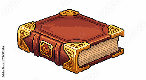 Pixel art illustration of an ancient, ornate brown book with golden metallic accents and a thick spine, resembling a magical tome.