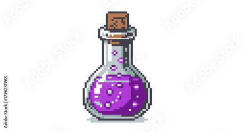 Pixel art illustration of a glass potion bottle with purple bubbling liquid and a cork stopper.
