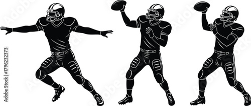 American football player silhouette set showing quarterback throwing poses, dynamic sports action illustration with helmet, gear, and athletic movement for design use