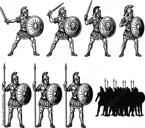 Ancient Greek warrior illustrations with swords, spears, shields, hoplite soldiers, heroic fighters, battle poses, and silhouette phalanx formation in vintage style