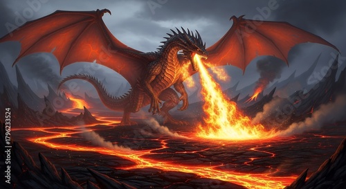 Fierce Red Dragon Breathing Fire Over Lava Field in Dark Mountain Landscape
