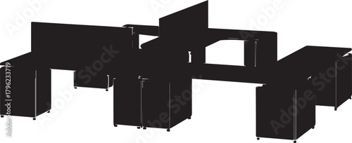 Isometric illustration of office cubicles with desks, cabinets and room dividers