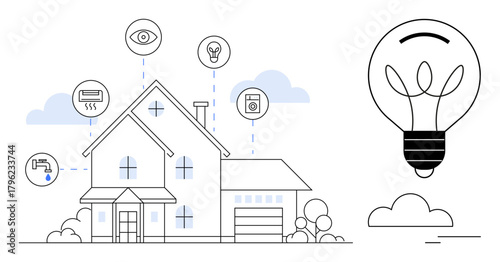 Modern house connected to smart devices including lighting, security, and appliances with glowing lightbulb symbolizing sustainable energy. Ideal for technology, sustainability, innovation
