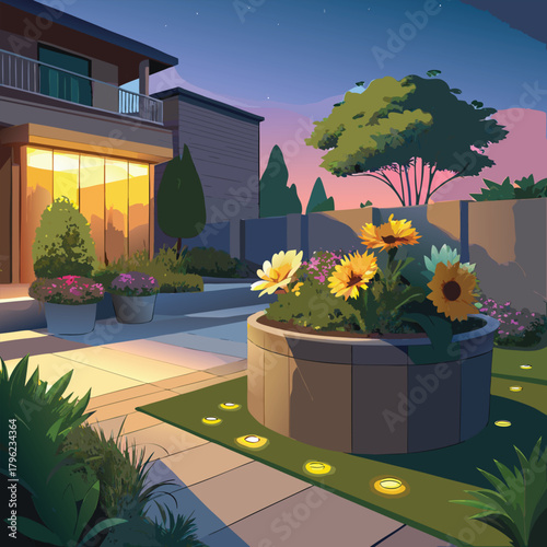 Modern backyard garden at dusk with illuminated path