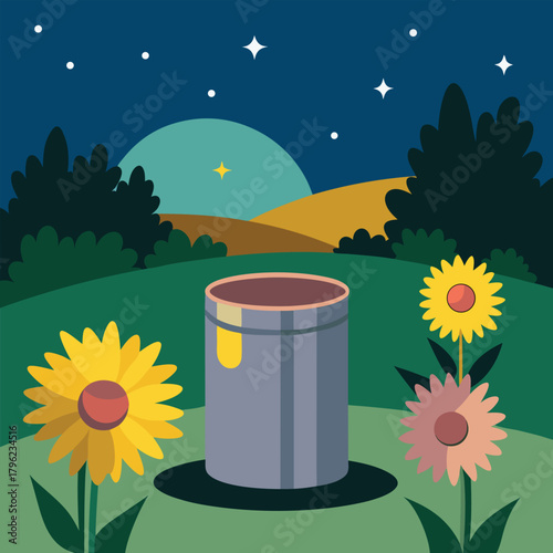 Night scene with paint can and sunflowers landscape