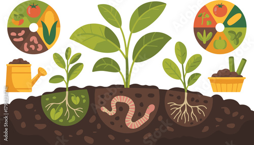 Soil and planting elements with plant isolated illustration in ground vector