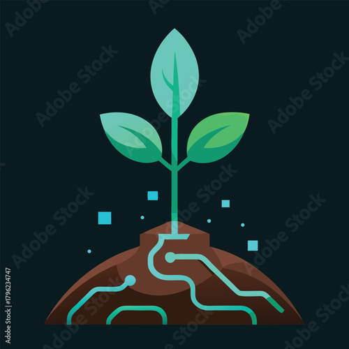Plant growth with glowing digital roots in soil technology