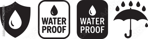 Set of waterproof symbols in black and white on transparent background illustration