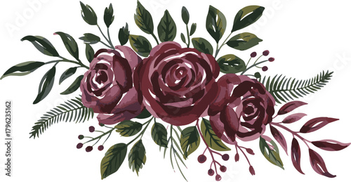 Watercolor floral arrangement with roses and leaves for cards and invitations