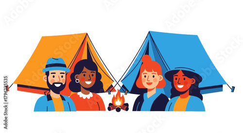 Camping Adventure: Friends Enjoying Outdoors Moments in Delightful Illustration Style