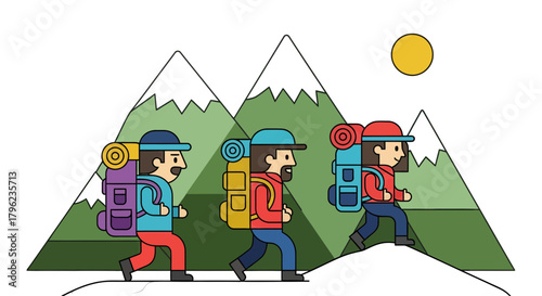 Cartoon Group Hiking On Mountains With Backpacks Under Night Sky Adventure