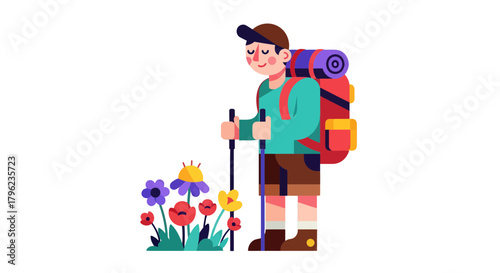 Cartoon Hiker Enjoying Nature Amidst Flowers And Backpack With Dark Background