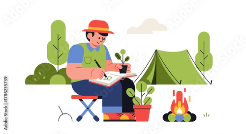 Camping Adventure: Outdoorsman Sketching Plants Next to a Tent and Campfire