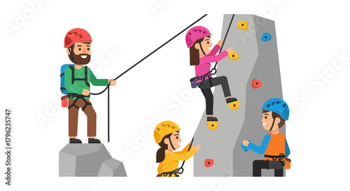 Cartoon Illustration Depicting Group Rock Climbing Activity With Safety Gear Outdoors
