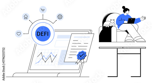 Woman analyzing DeFi ecosystem on laptop, linked by icons thumbs up house, heart, cog. Charts, certificate imply finance, strategy. Ideal for fintech, technology blockchain remote work education
